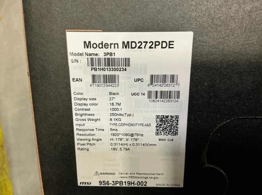MSI Modern MD272PDE Monitor PC 27" FHD IPS