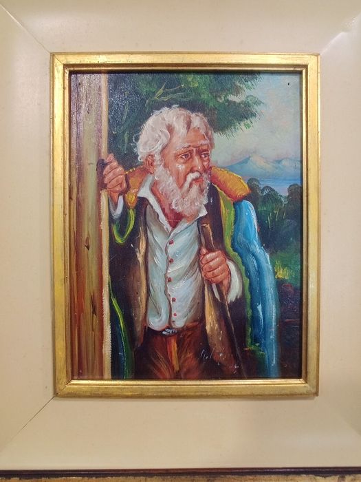 Старинна картина, масло върху дърво – "Възрастен скитник"