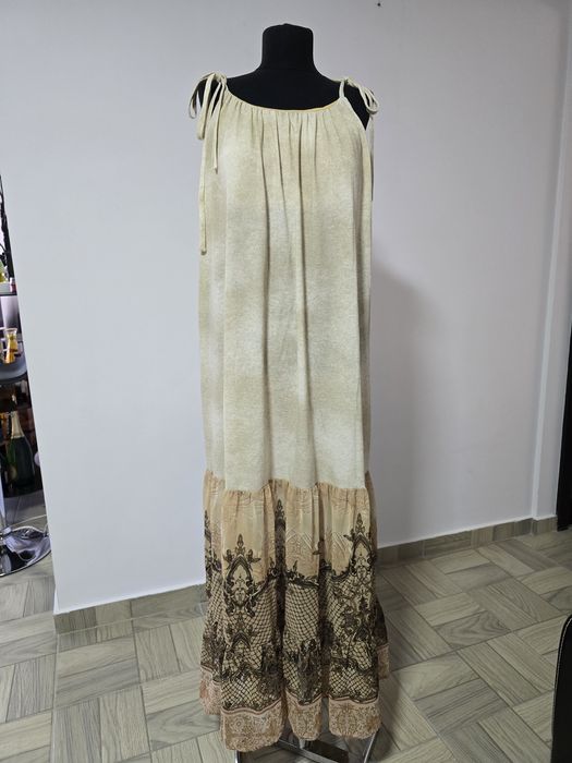Rochie lunga din bumbac cu volane din sifon, cordon in talie