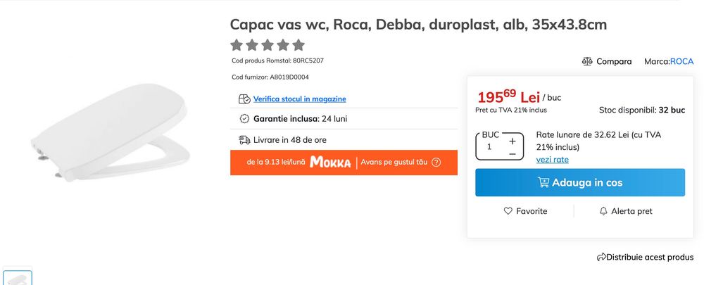 Vas wc stativ, Roca, Debba, evacuare laterala, alb + rezervor + capac