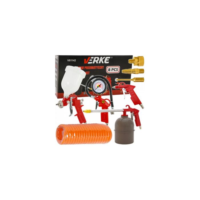 Kit compresor 8 piese, pistol suflat, vopsit, umflat, antifonat,