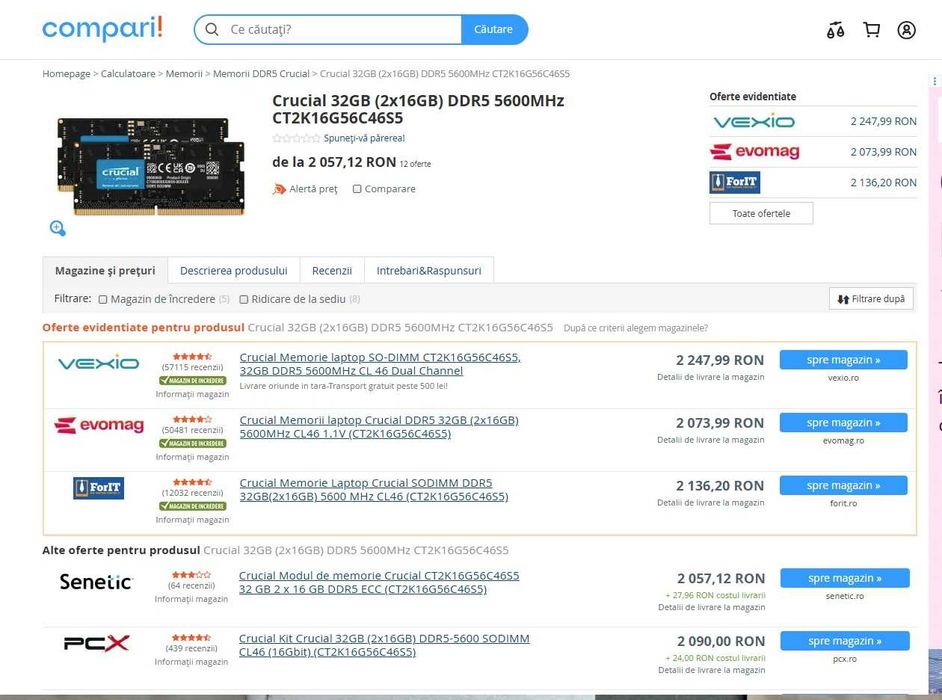 Memorie laptop Crucial SO-DIMM CT2K16G56C46S5, 32GB DDR5 5600MHz -NOI