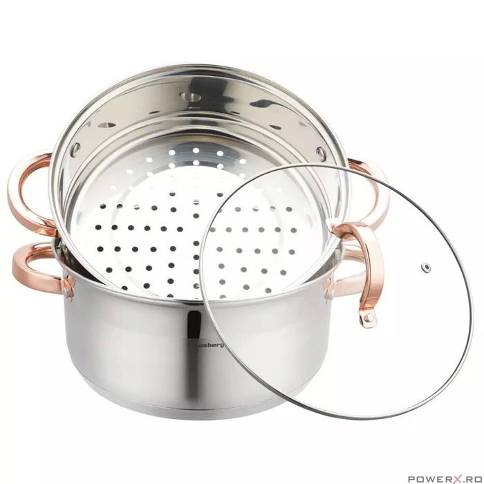 Set de 3 piese, oala pentru fiert cu abur, inox, diametru 24 cm,