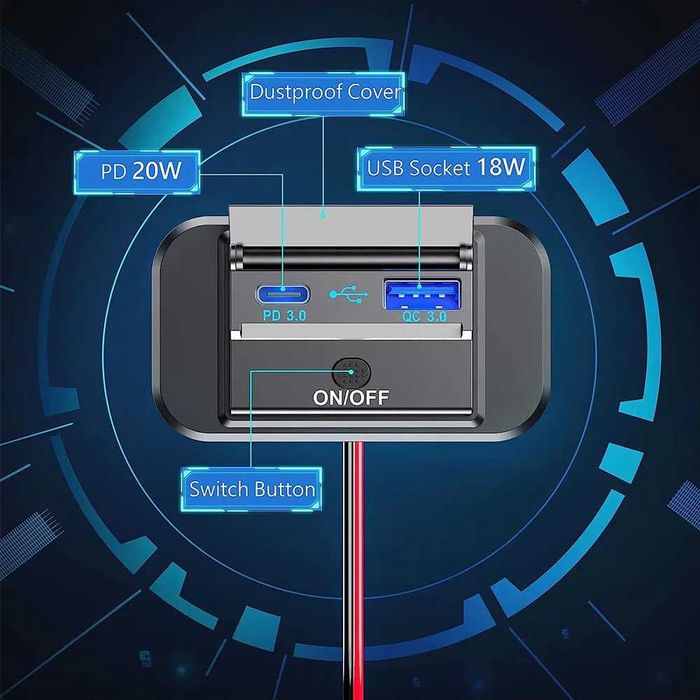 Панел за вграждане с 1 бутон ON/OFF с Type-C и USB входове