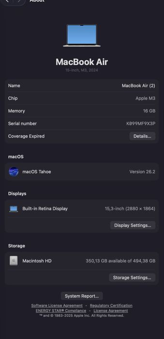 Macbook Air 15 M3 2024 16GB/512GB