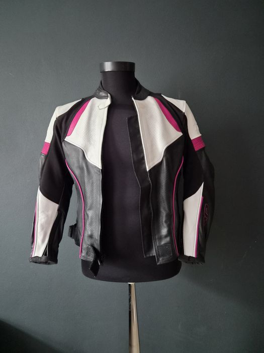 Geacă moto damă RST S-1 din piele, mărimea 42/L, negru-alb-roz