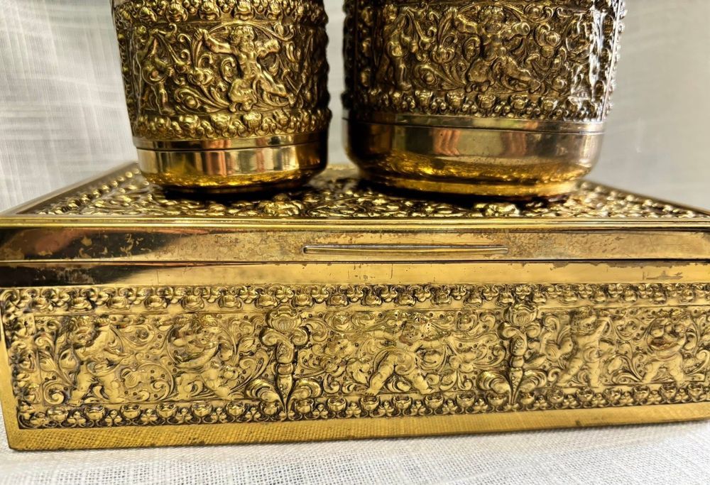 Сет от кутия за пури, запалка и съд за тютюн от месинг/бронз