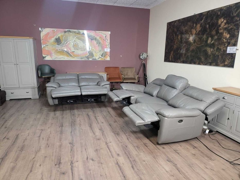 Сив кожен комплект дивани тройка и двойка с ел. релакс механизъм