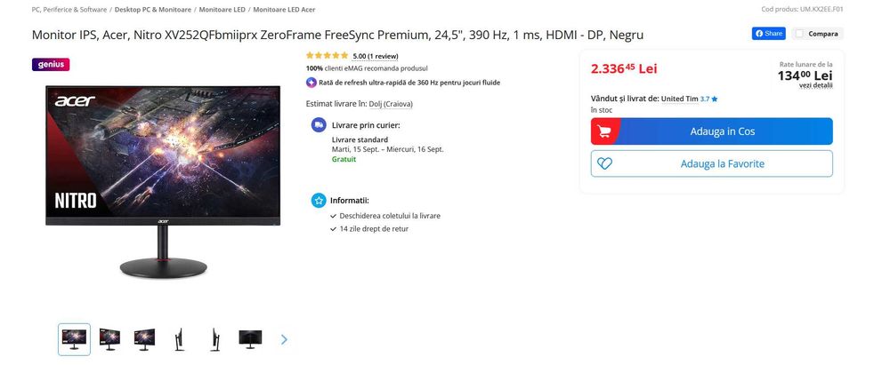 Monitor Gaming Acer Nitro 24.5” IPS 390Hz, 1ms, FreeSync Premium