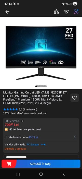 Monitor Gaming Curbat LED VA MSI G27C3F 27", 180Hz, 1ms