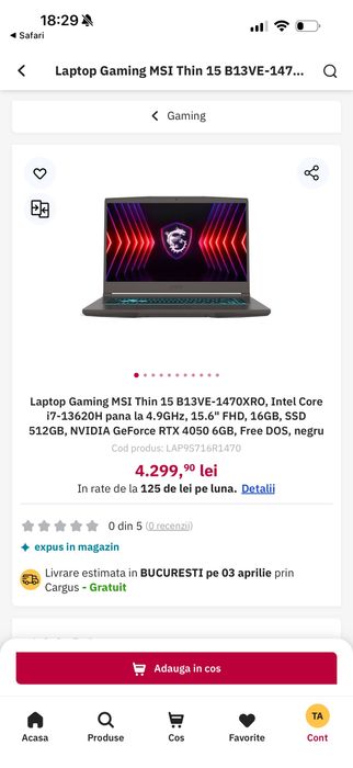 Vând Laptop MSI Thin 15 B13VE