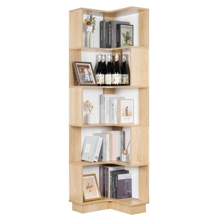 Raft de colt din lemn, cu 6 niveluri, h-175cm, culoare lemn natur