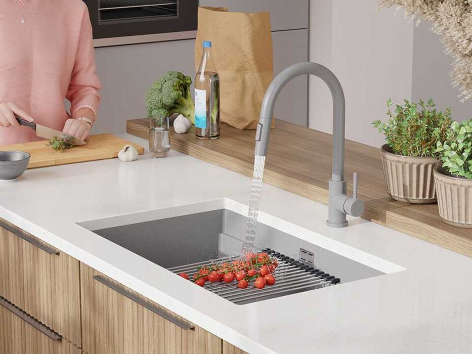 Сива кухненска мивка за вграждане под плот Прага 80 Level 760 x 470 мм