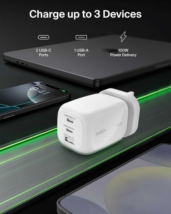 Зарядно Belkin 3-портово 100W, GaN, с 2 USB-C и 1 USB-A порта, бяло