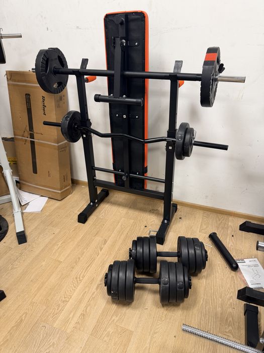 Pachet sala acasa, banca piept reglabila plianta+Gantere reglabile cu bara haltera si Bara Z, greutate totala fara Banca 50 kg. Pret promo  900 lei