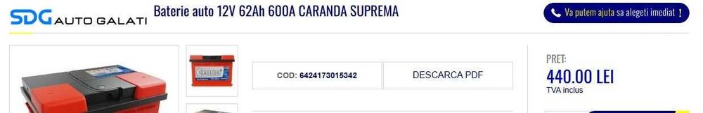 Baterie Acumulator Auto 62AH 600A Caranda Suprema Volkswagen Audi Seat Skoda Ford Opel Toyota BMW Mercedes Renault Peugeot Dacia [B4494]