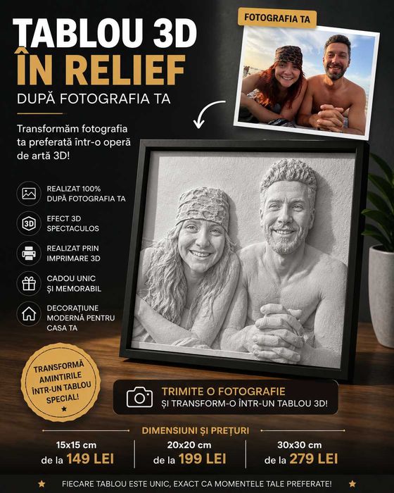 Tablou 3D Personalizat în Relief după Fotografia Ta