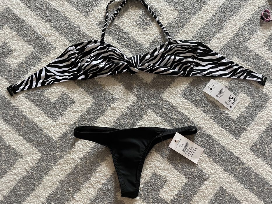 Costum baie slip tanga rosu 38 sau negru 36, sutien negru triunghi 36
