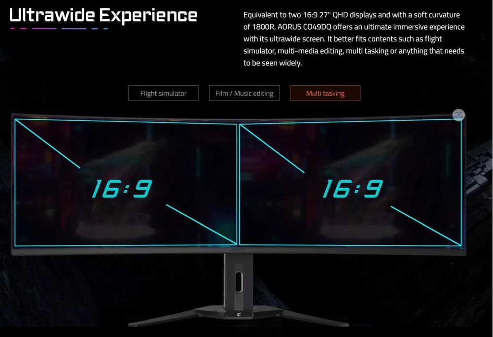 Monitor OLED Gigabyte AORUS 49-inch 5120x1440 Nvidia 144Hz PIP 2x5W