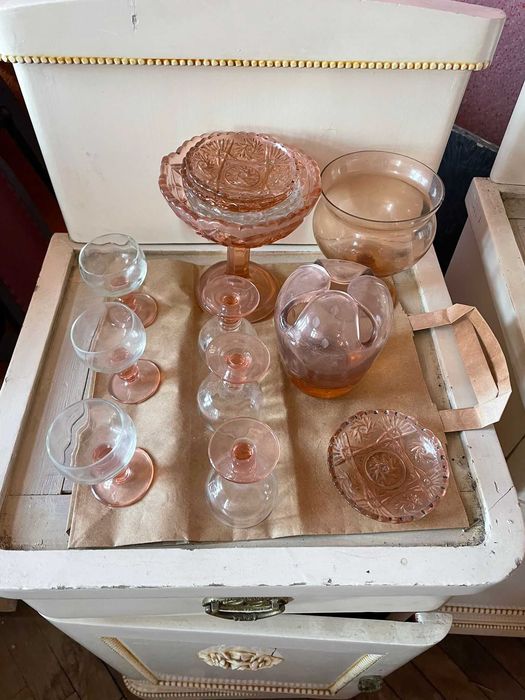 Set cristal roz și sticlă vintage