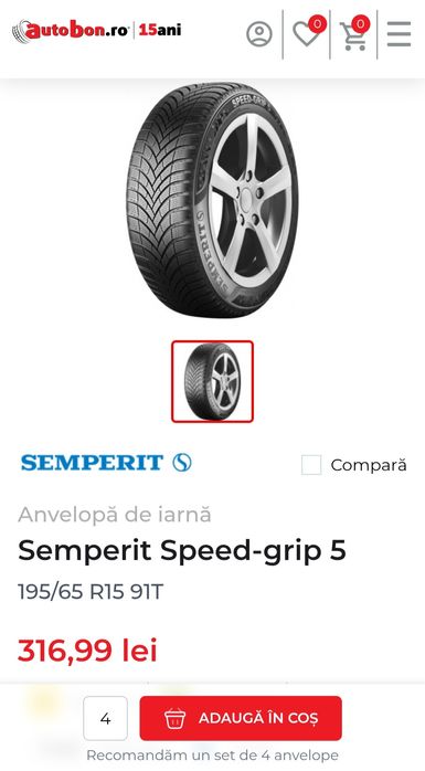 Set 4 cauc. 195/65/15 - M+S - DOT 33/23 - SEMPERIT - folosite f. puțin