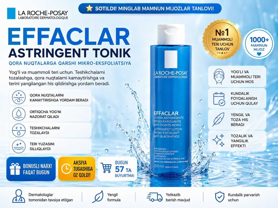 La Roche-Posay Effaclar Lotion-Yuzni tozalash toniki,yog'li teri uchun