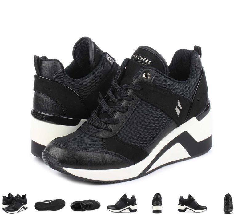 Pantofi SKETCHERS sport dama/tenisi negru cu alb, h=6cm, 38