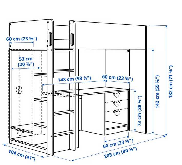 Pat copii supraetajat / suprapus IKEA, cu birou si spatiu depozitare, alb, saltea inclusa