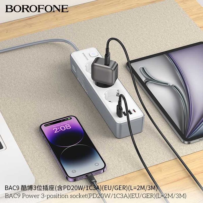 Borofone BAC9 Сетевой фильтр 3 розетками и USB-портами (PD 20W) EU/GER