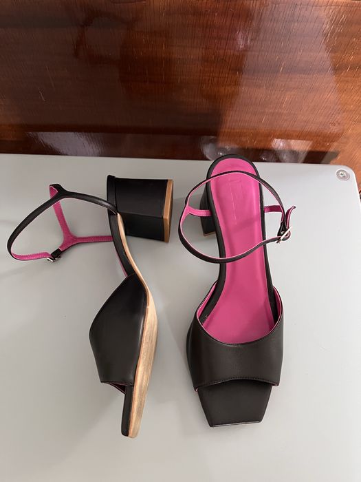 Sandale din piele naturală cu vârf pătrat, Y2K, chunky heel