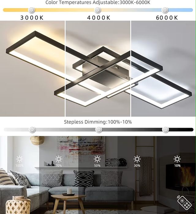 LED таванно осветление 110×65 см невисящо димируемо, черни правоъгълници от алуминий, дистанционно управление,, модерна  дизайнерска лампа плафон