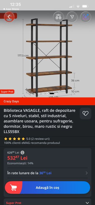 Biblioteca VASAGLE,stil industrial, asamblare usoara, pentru sufragerie, dormitor, birou, maro rustic si negru LLS55BX