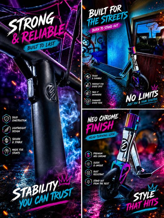 Trotinetă Freestyle Stunt – Neo Chrome Edition | Foarte Rezistentă, Gata de Trick-uri