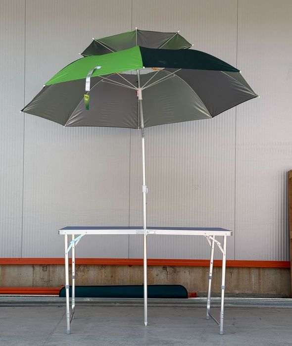 Къмпинг комплект 3 в 1: Сгъваема маса с 4 стола и чадър – лек, компакт