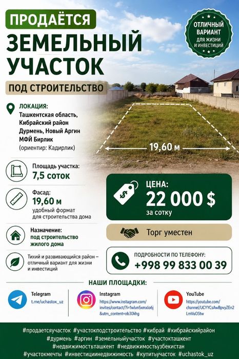 Дурмень. Новый Аргин. Крупская, продаётся земельный участок 7,5 соток