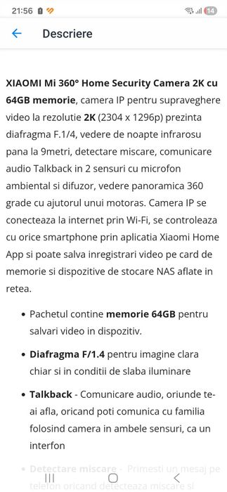 Camera de supraveghere Xiaomi Mi 360° Home Security 2K cu 64GB, 1296p,