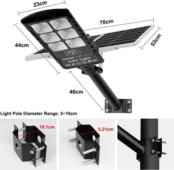 Werise 1000 W Соларна улична LED лампа, 6500K, IP67, дистанционно