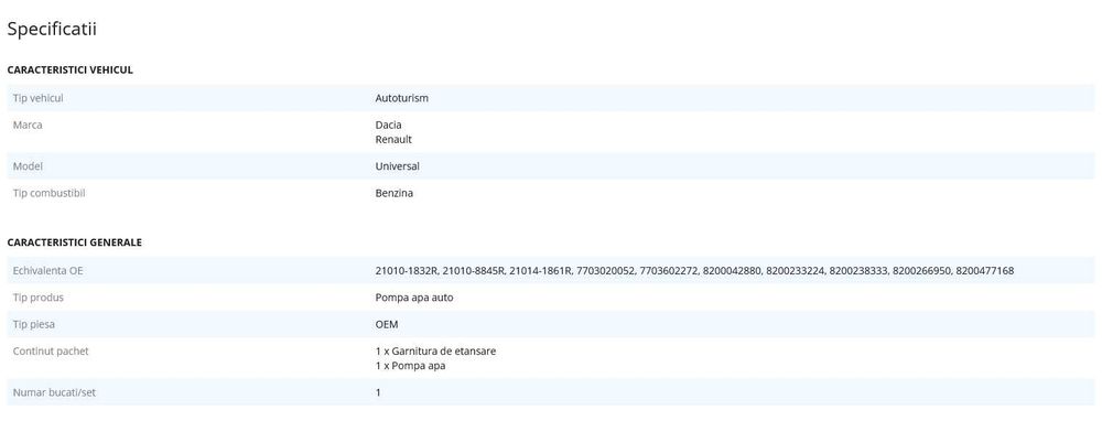 Pompa de apa originala, Dacia Renault,pentru motoarele 1.2 16V,benzină