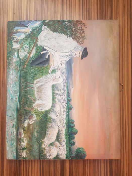 Ciobănaș cu oi și miei, acuarela pe pânză , ramă de lemn