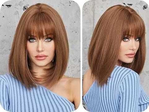 Кафява права синтетична перука с бретон - 35 см