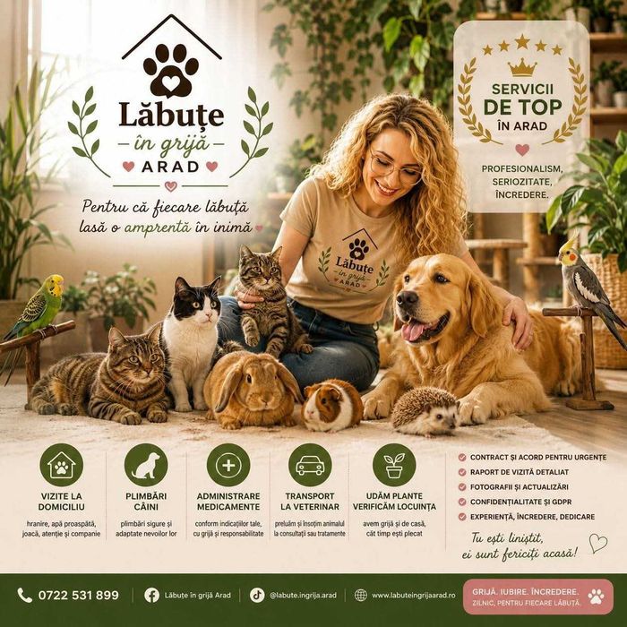 Pet sitter la domiciliul clientului, dog walker, transport animale, tratament veterinar de specialitate, animale exotice, verificare locuință