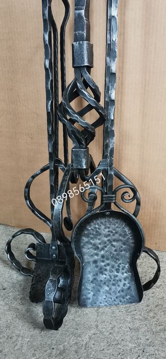 Кош за дърва с прибор за камина, лопатка, маша, дилаф, ръжен,