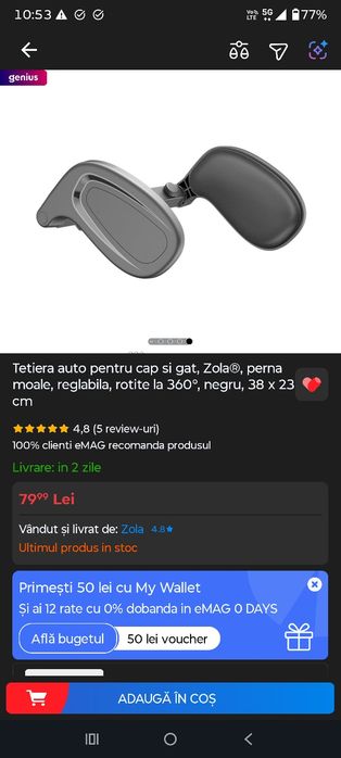 Tetiera auto pentru cap si gat, Zola®, perna moale, reglabila, rotite la 360°, negru, 38 x 23 cm