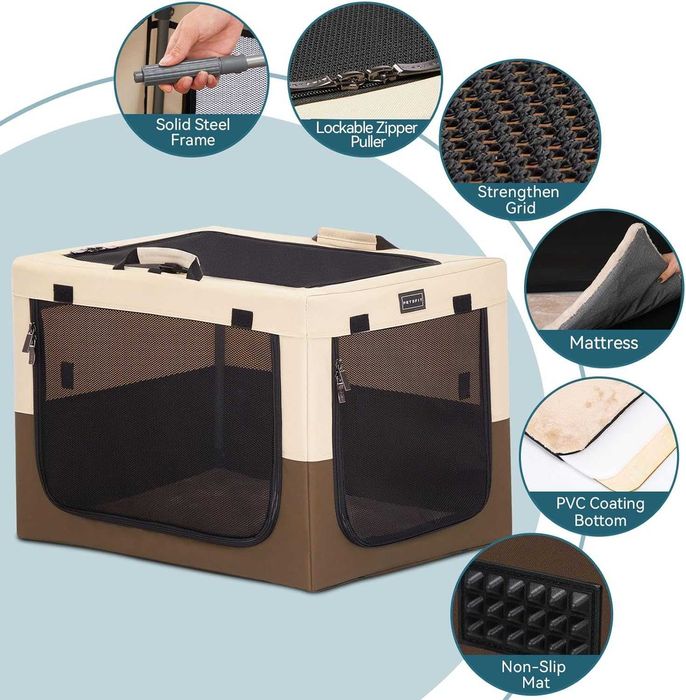 Petsfit Cușcă pliabilă de transport 76L x 50W x 49H cm , bej/maro