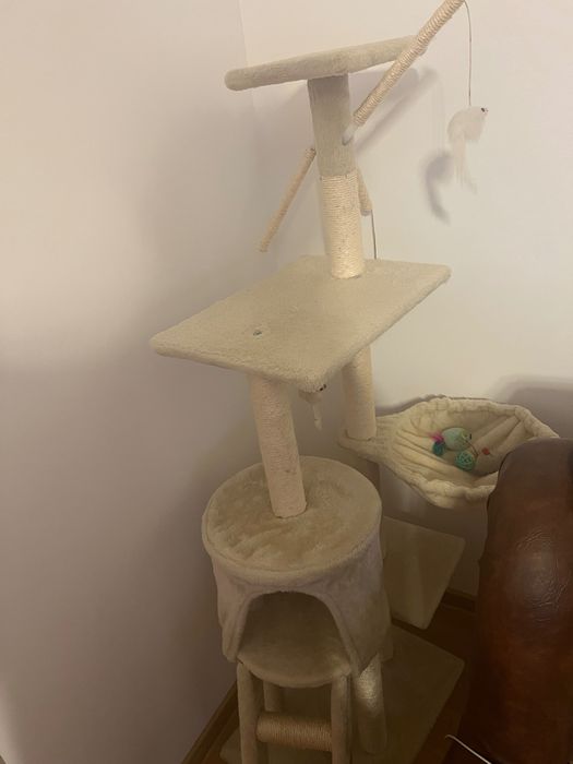 Ansamblu / sisal pentru pisici, cu hamac și căsuță, bej, stare bună
