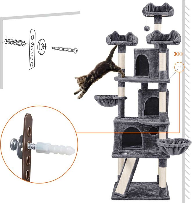 Ansamblu pisici XXL 194 cm stalpi sisal si casute |S 615086 Dark Gray