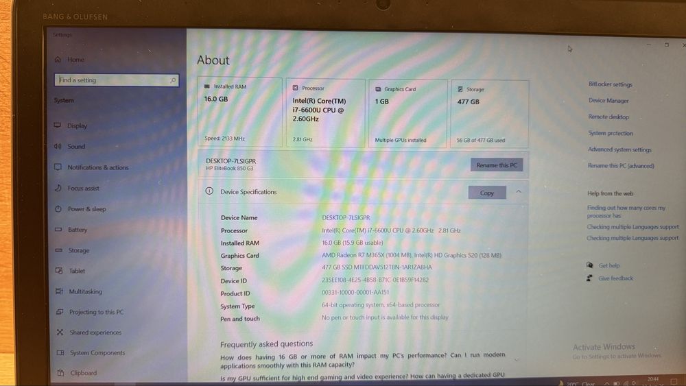 HP EliteBook 850 G3 – i7 / 16GB RAM / SSD 512GB / AMD Radeon