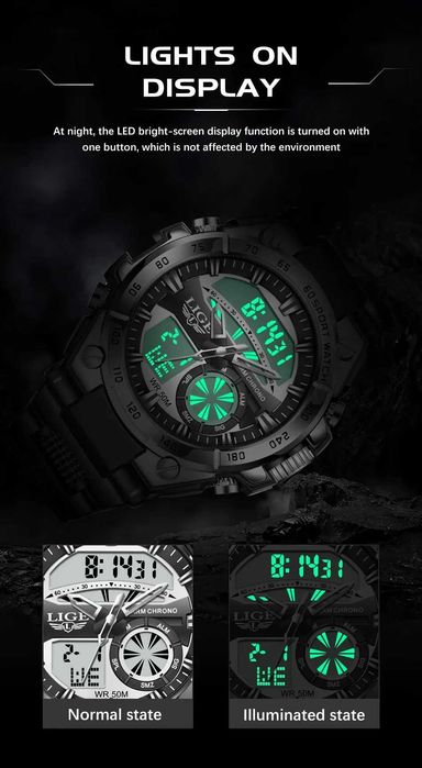 Водоустойчив кварцов мъжки часовник LIGE Sports Watch
