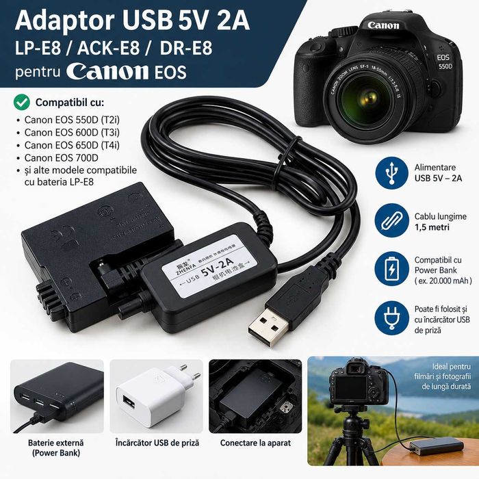 Adaptor USB 5V 2A LP-E8 ACK-E8 DR-E8 Canon EOS 550D 600D 650D 700D