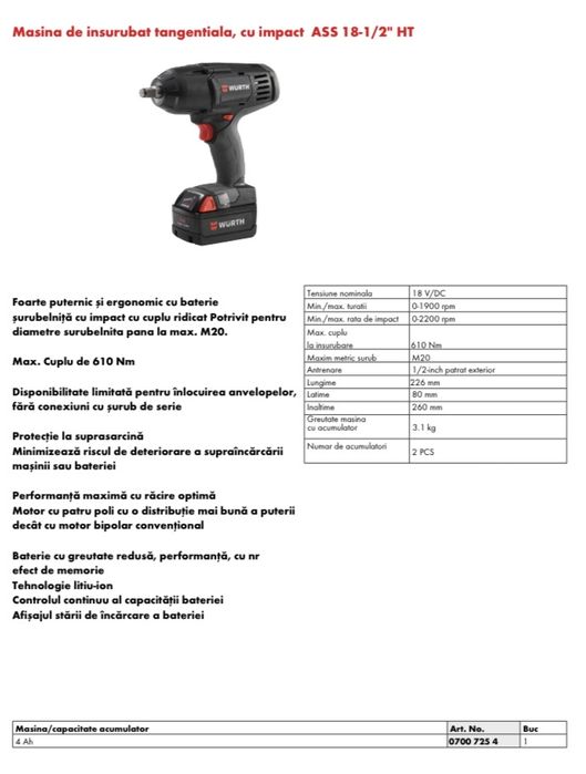 Pistol impact desfacut roti Wurth la set cu 2 acumulatori